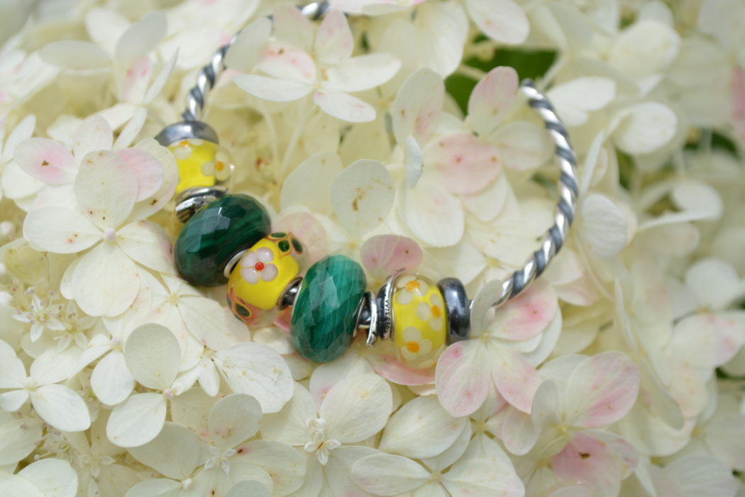 Yellow Unique Glass Beads with Malachite on a Trollbeads Bangle